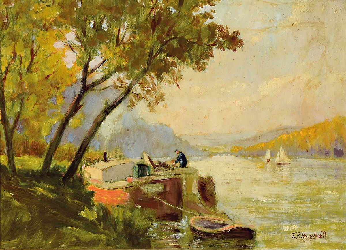 T.P. Brockhoff, Künstler des 20.Jh., Dampfschiffer beim vertäuen seines Schiffes am Ufer, rechts unten signiert, Öl/Holz, Rahmen, 47x60 cm