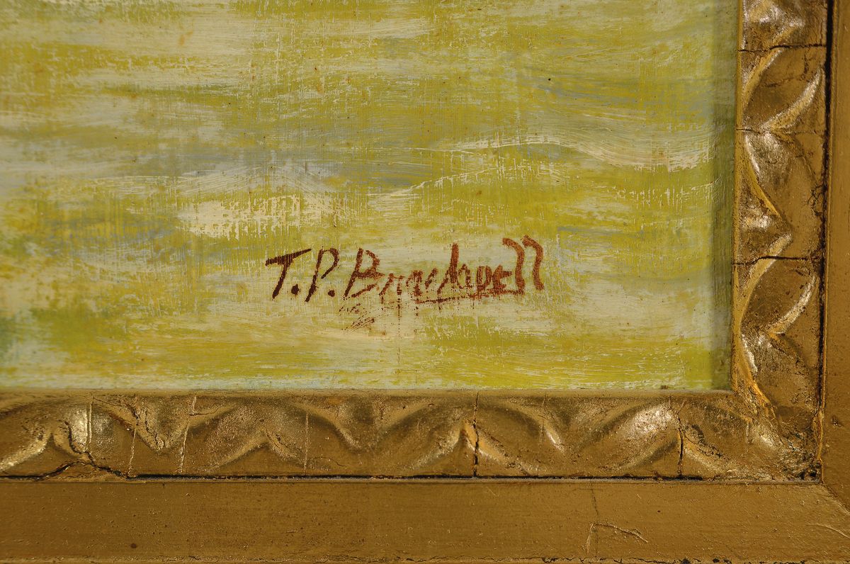 Detail a: T.P. Brockhoff, Künstler des 20.Jh., Dampfschiffer beim vertäuen seines Schiffes am Ufer, rechts unten signiert, Öl/Holz, Rahmen, 47x60 cm