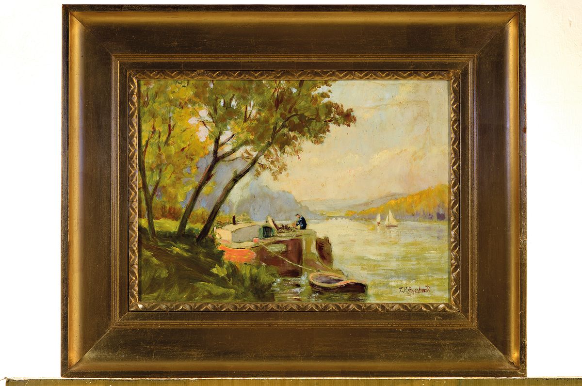 Detail k: T.P. Brockhoff, Künstler des 20.Jh., Dampfschiffer beim vertäuen seines Schiffes am Ufer, rechts unten signiert, Öl/Holz, Rahmen, 47x60 cm
