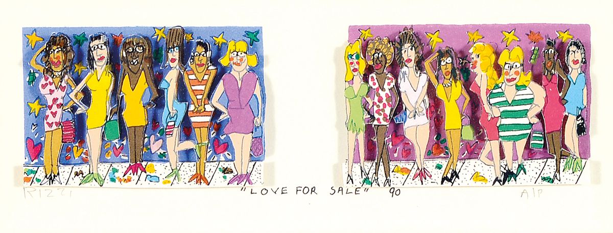James Rizzi, 1950-2011 New York City, "Love for Sale" (1990), 3D-Konstruktion, Probedruck A/P, signiert, Bild 8,5x20 cm, bunter ...