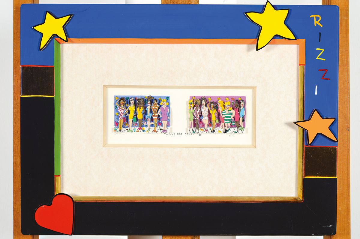 Detail k: James Rizzi, 1950-2011 New York City, "Love for Sale" (1990), 3D-Konstruktion, Probedruck A/P, signiert, Bild 8,5x20 cm, bunter ...