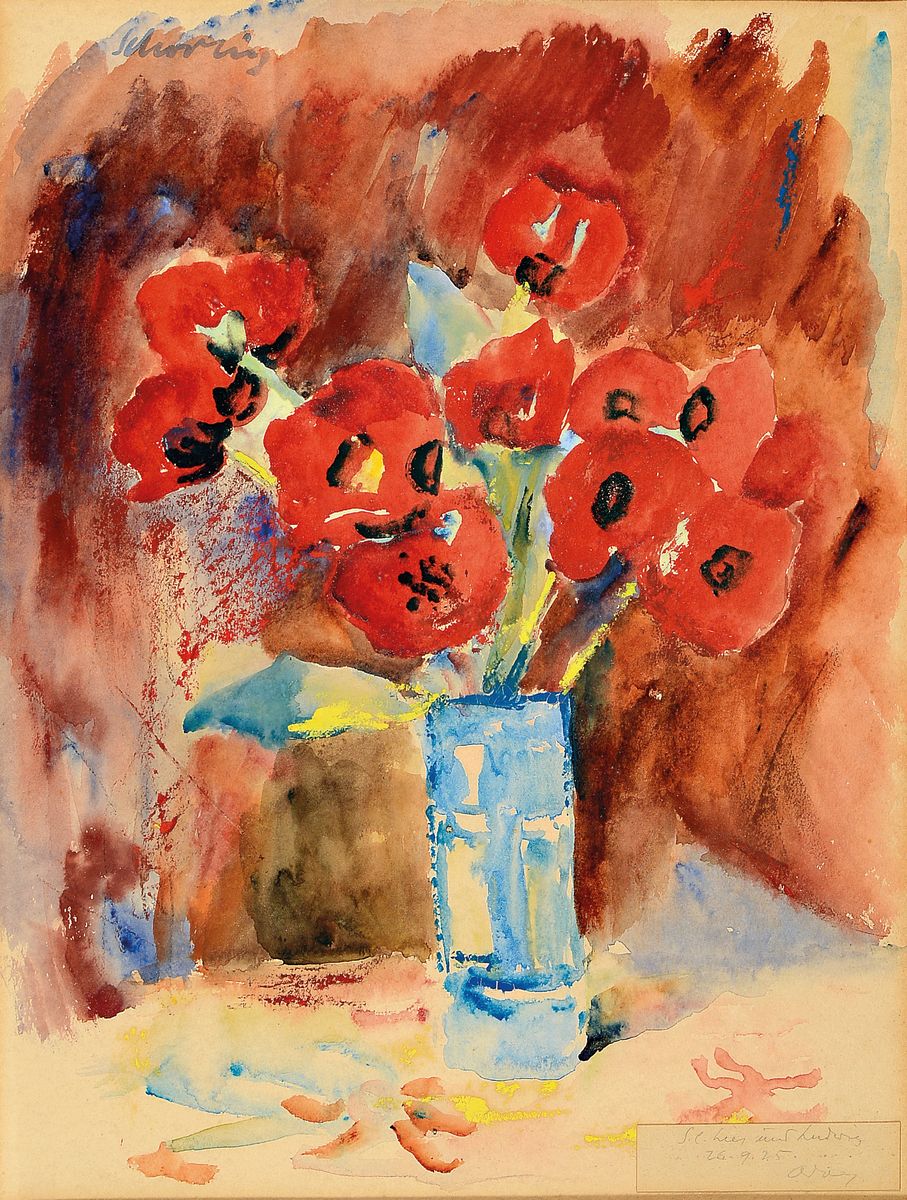 Adolf Schorling, 1895-1973, Aquarell, Blumenstillleben mit Mohnblumen, links oben signiert, datiert (19)25, unter PP und Glas gerahmt, 70x53 cm