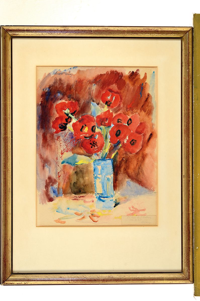 Detail k: Adolf Schorling, 1895-1973, Aquarell, Blumenstillleben mit Mohnblumen, links oben signiert, datiert (19)25, unter PP und Glas gerahmt, 70x53 cm