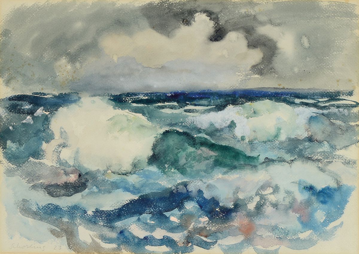 Adolf Schorling, 1895-1973, Aquarell, maritime Landschaft, links unten signiert und datiert (19)23, unter PP und Glas gerahmt, 65x73 cm