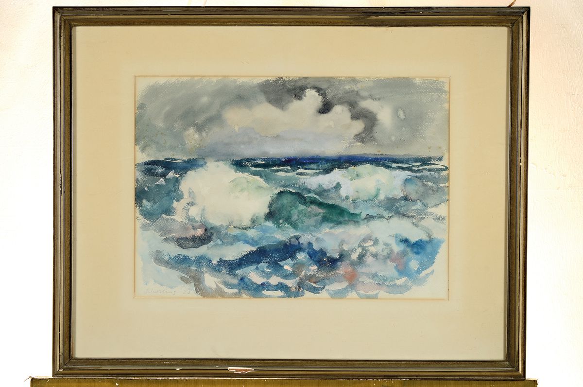 Detail k: Adolf Schorling, 1895-1973, Aquarell, maritime Landschaft, links unten signiert und datiert (19)23, unter PP und Glas gerahmt, 65x73 cm