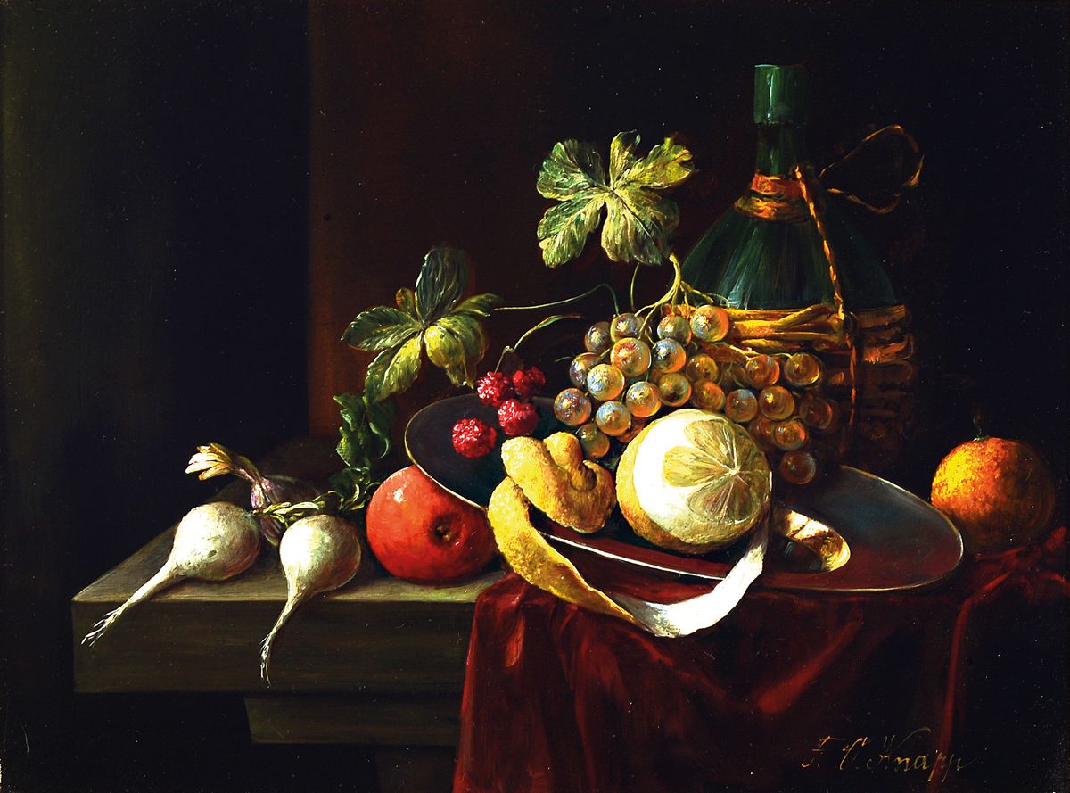 Oskar F. Knapp, 1914-1987, Speisestillleben mit Vanitas Symbolik, rechts unten signiert, Öl/Holz, Rahmen, 52x62 cm