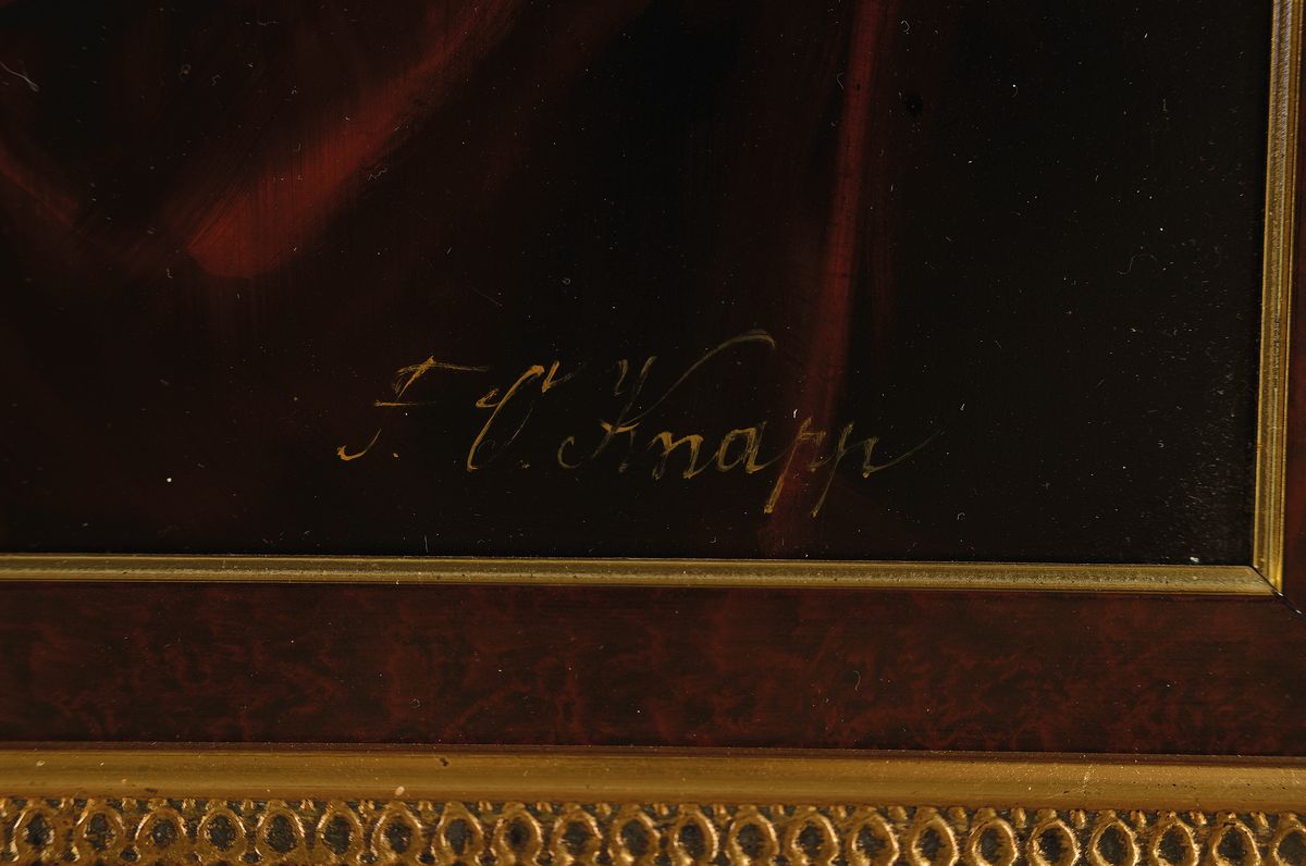 Detail a: Oskar F. Knapp, 1914-1987, Speisestillleben mit Vanitas Symbolik, rechts unten signiert, Öl/Holz, Rahmen, 52x62 cm