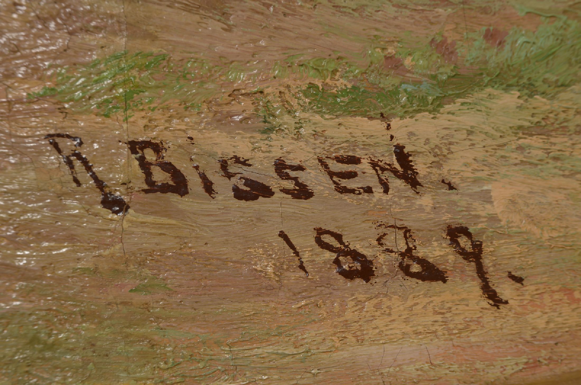 Detail a: Rudolf Bissen, 1846-1911 Randboldal, große Flusslandschaft belebte Szene mit Segelbooten und Figurenstaffage, rechts unten signiert und datiert ...