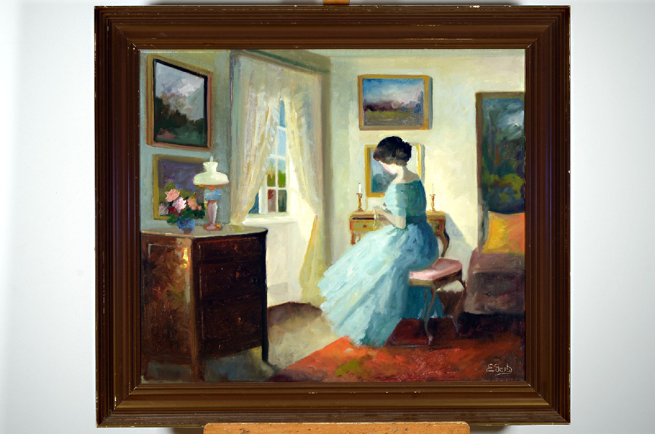 Edith Gert, 1906-1983 dänisch, Interieurszenen, Dame am Fenster, Öl/Lwd, rechts unten signiert, Rahmen, ca. 66x72cm/ 82x90cm