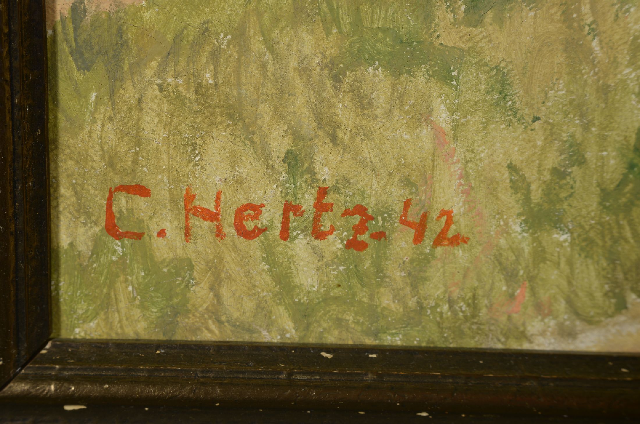 Detail a: Carl Hertz, dänischer Künstler des 20.Jh., Bauernpärchen beim Waschen ihrer Pferde in sonniger Landschaft, links unten signiert und datiert ...
