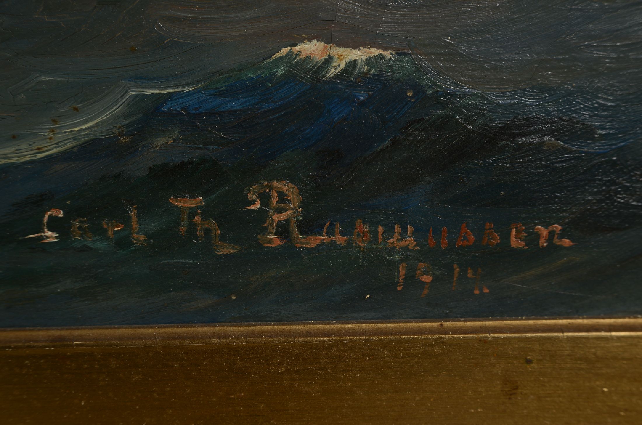 Detail a: Carl Th(?) Rassmussen, dänischer Künstler des 19.Jh./frühen 20.Jh., ruhige Meerlandschaft bei Sonnenaufgang, Segelboot in der Ferne, rechts unten ...