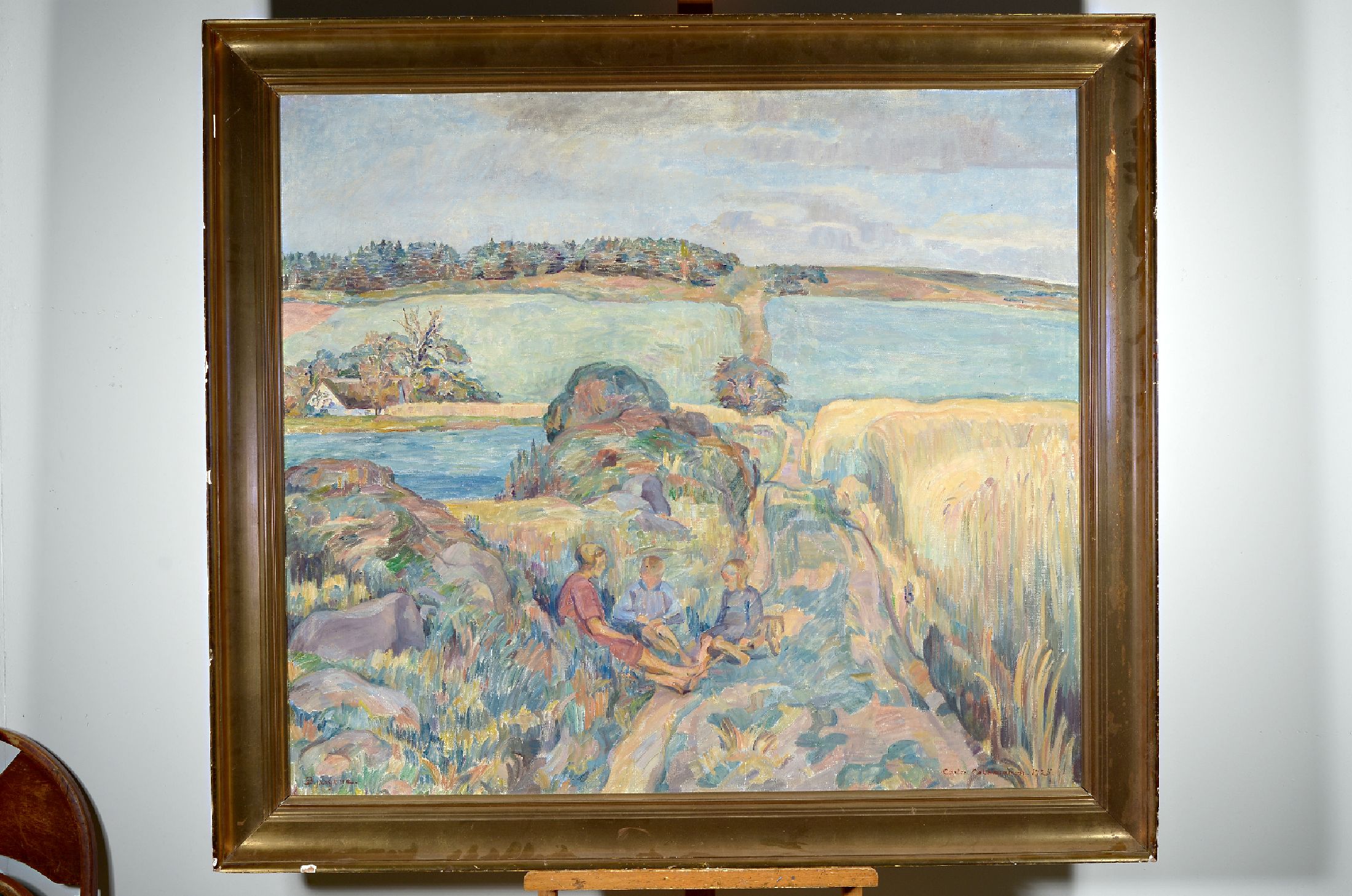 Carl Rassmuss (?), 3 Knaben in Erntelandschaft, aufgelockert-impressiver Duktus, rechts unten signiert und datiert 1925, Rahmen, 119x134 cm