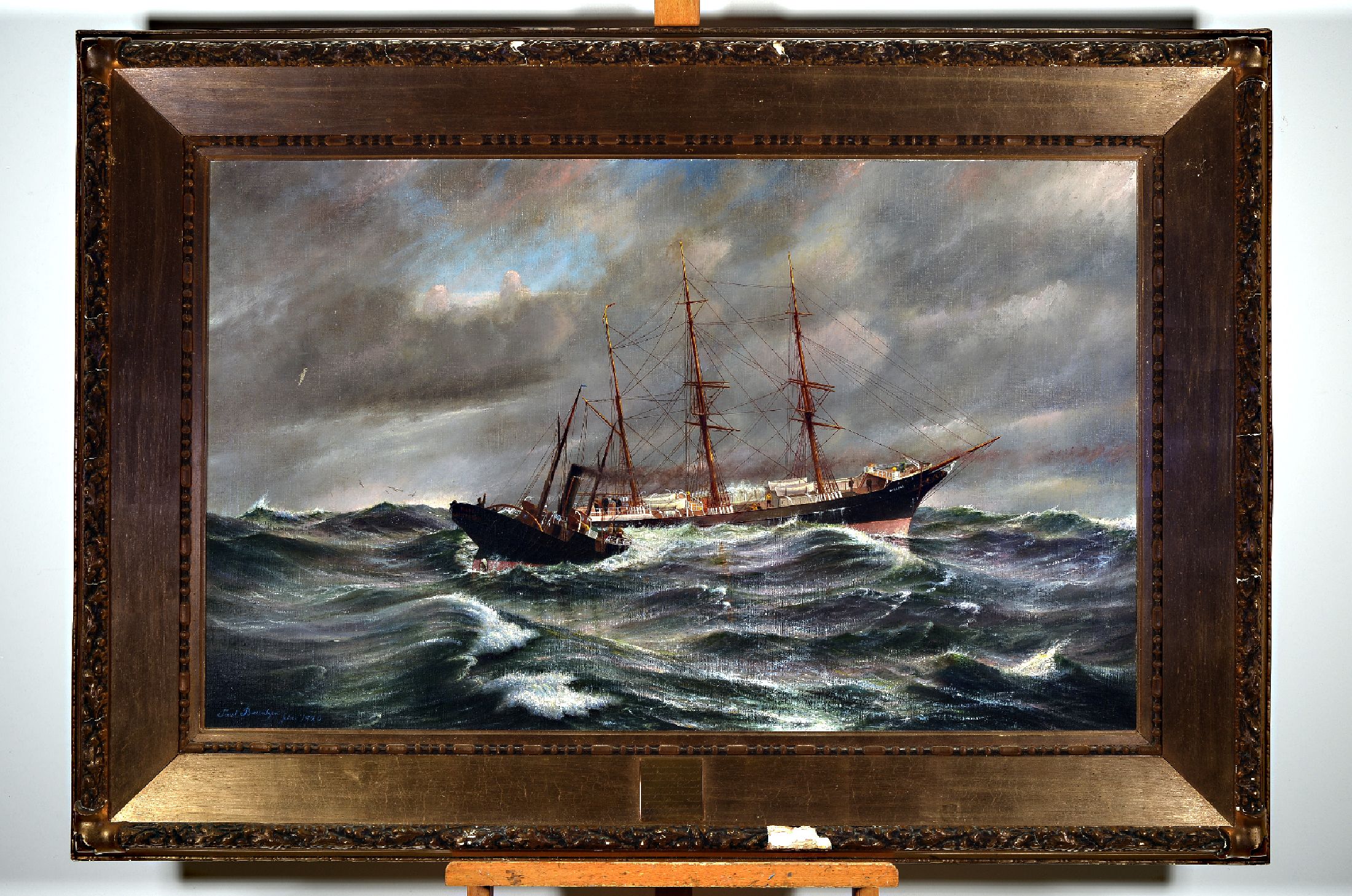 Paul Barentzen, Künstler des 19./20.Jh., Dreimaster in stürmischer See, Öl/Platte, links unten signiert und datiert 1920, Rahmen, 94x137 cm