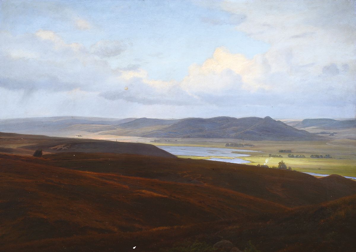 Harald Frederik Foss, 1843 Frederica - Frederiksberg, Studium an der Akademie Kopenhagen, hier: weite hügelige Landschaft mit Sonnenflecken, ...