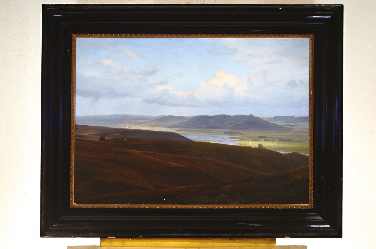Detail k: Harald Frederik Foss, 1843 Frederica - Frederiksberg, Studium an der Akademie Kopenhagen, hier: weite hügelige Landschaft mit Sonnenflecken, ...