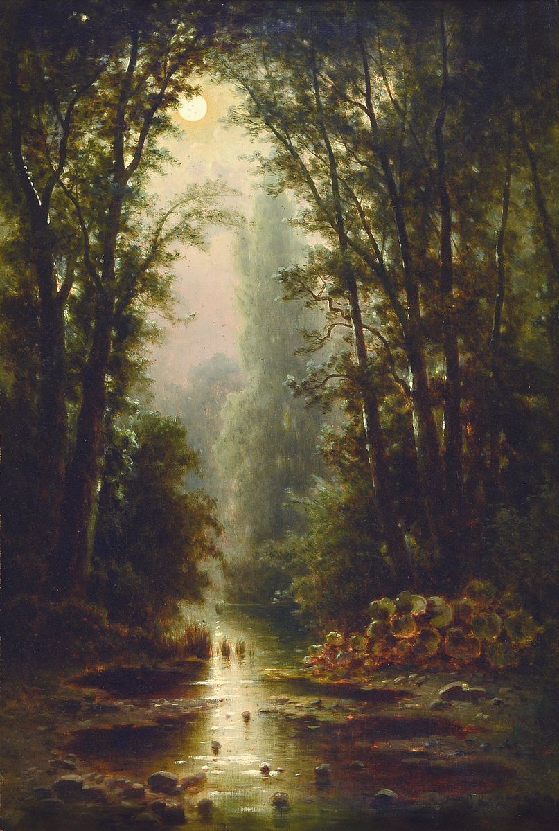 C. Rüger, deutscher Künstler des 19.Jh., Waldbach im Mondschein, rechts unten signiert und datiert "C. Rüger pinx. 1896", Öl/Lwd, ...