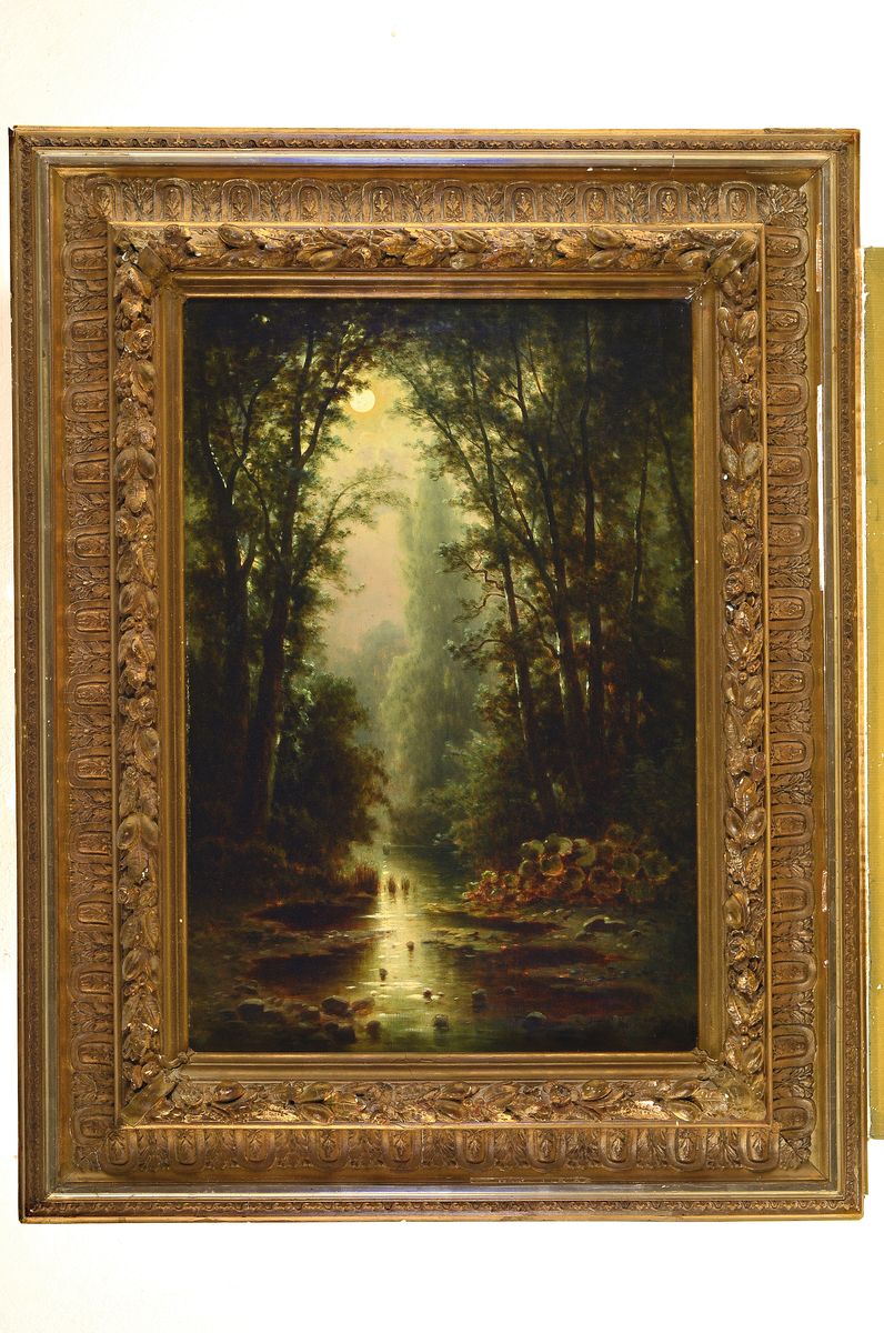 Detail k: C. Rüger, deutscher Künstler des 19.Jh., Waldbach im Mondschein, rechts unten signiert und datiert "C. Rüger pinx. 1896", Öl/Lwd, ...