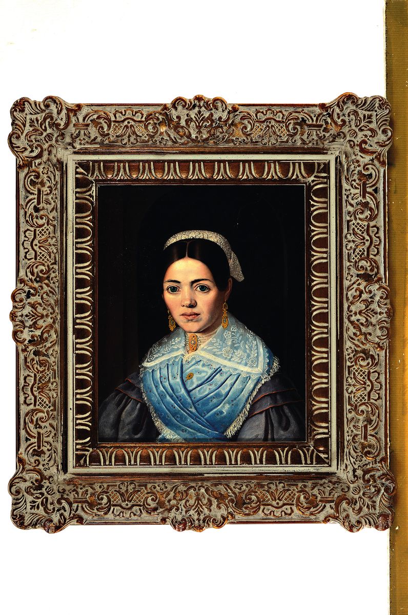 Detail k: Anonymer Porträtist der Mitte des 19.Jh., junge Frau vor Rundbogen-Nische, Schmuck, Kleidung und Haartracht der Zeit um 1800, gute Stofflichkeit, ...