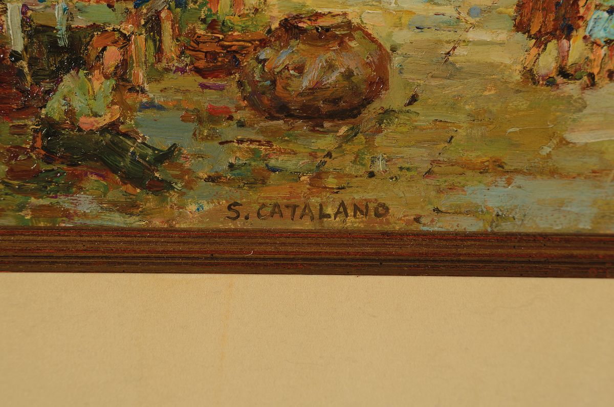 Detail a: Salvatore Catelano, geb. 1900 Venedig, bekannter ital. Kunstmaler, reich belebte venezianische Straßenszene, Blick entlang des Marktes auf den ...
