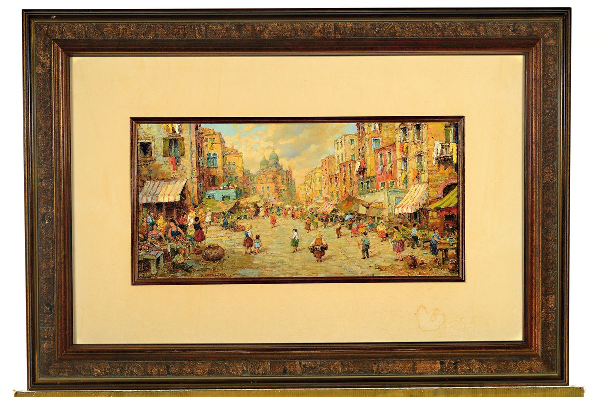 Detail k: Salvatore Catelano, geb. 1900 Venedig, bekannter ital. Kunstmaler, reich belebte venezianische Straßenszene, Blick entlang des Marktes auf den ...