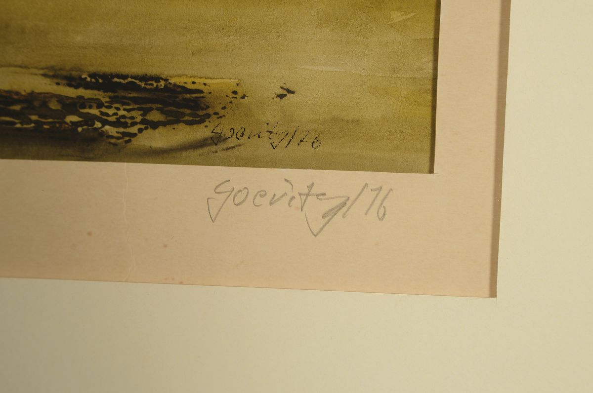 Detail c: Goeritz, Künstler des 20.Jh., abstrakt -tachistische Komposition, erdige Farbigkeit, Mischtechnik, betitelt "Original", rechts unten ...