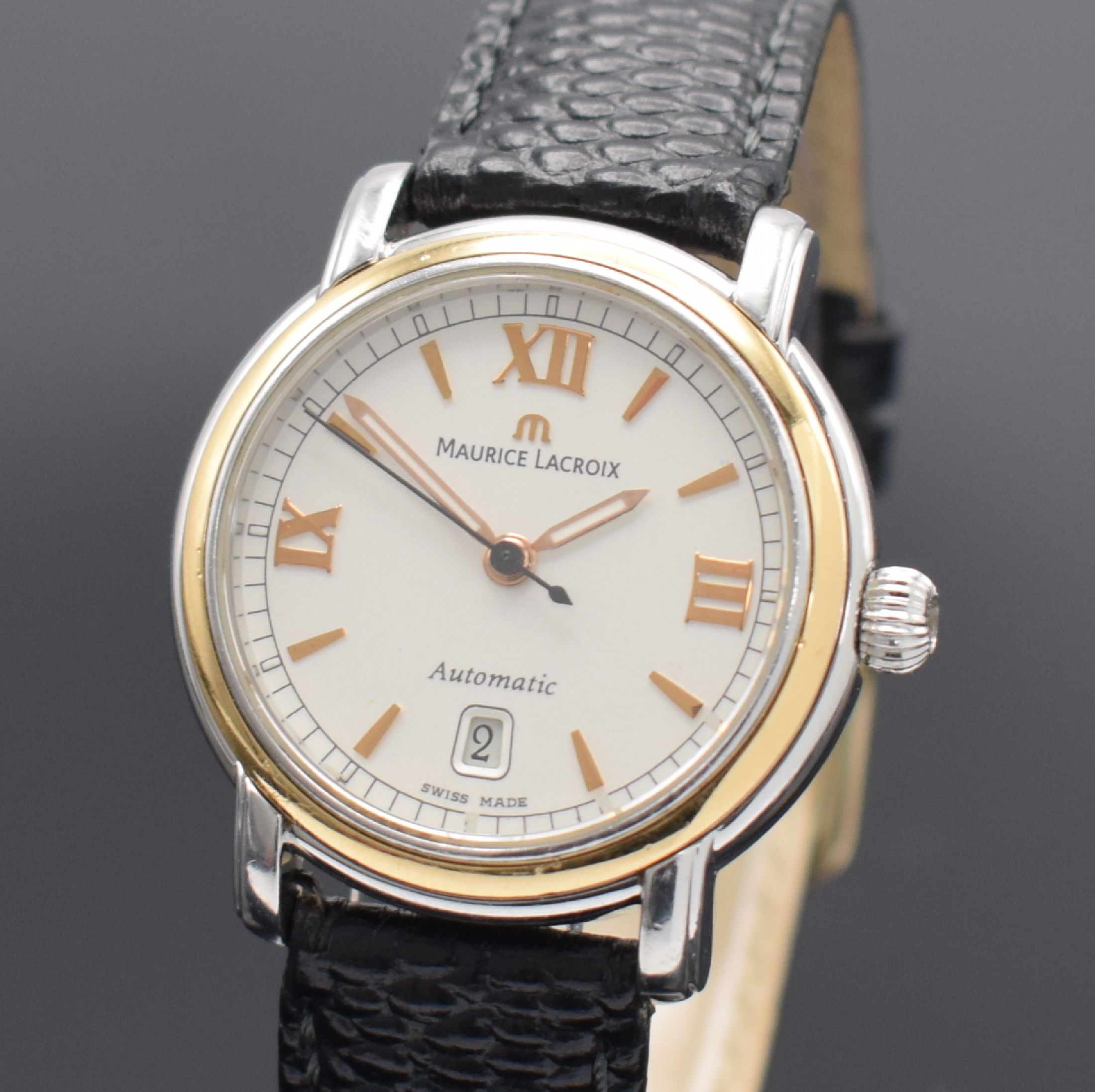 Detail a: MAURICE LACROIX Pontos Damenarmbanduhr 30 mm in Edelstahl & RG 750/000, Schweiz um 2008, Automatik, Ref. PT6014, 2-teil. Gehäuse, Boden m. Widmung ...