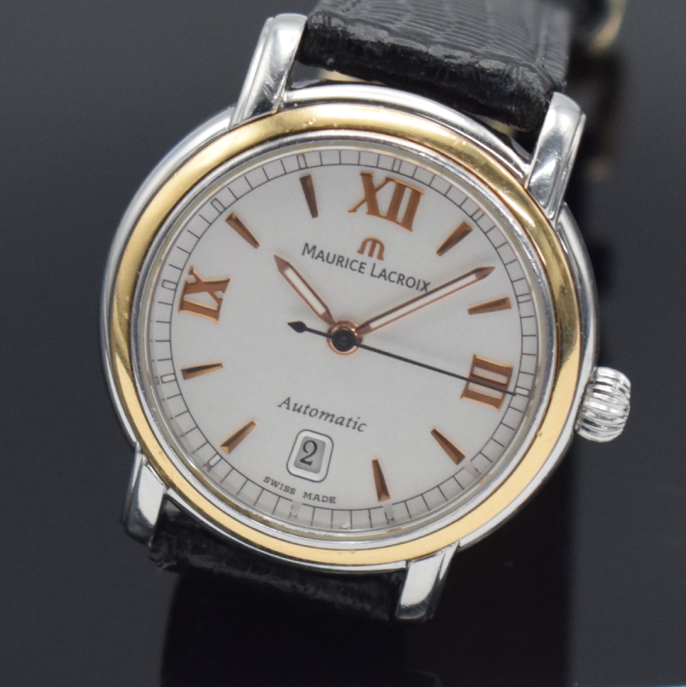 Detail b: MAURICE LACROIX Pontos Damenarmbanduhr 30 mm in Edelstahl & RG 750/000, Schweiz um 2008, Automatik, Ref. PT6014, 2-teil. Gehäuse, Boden m. Widmung ...