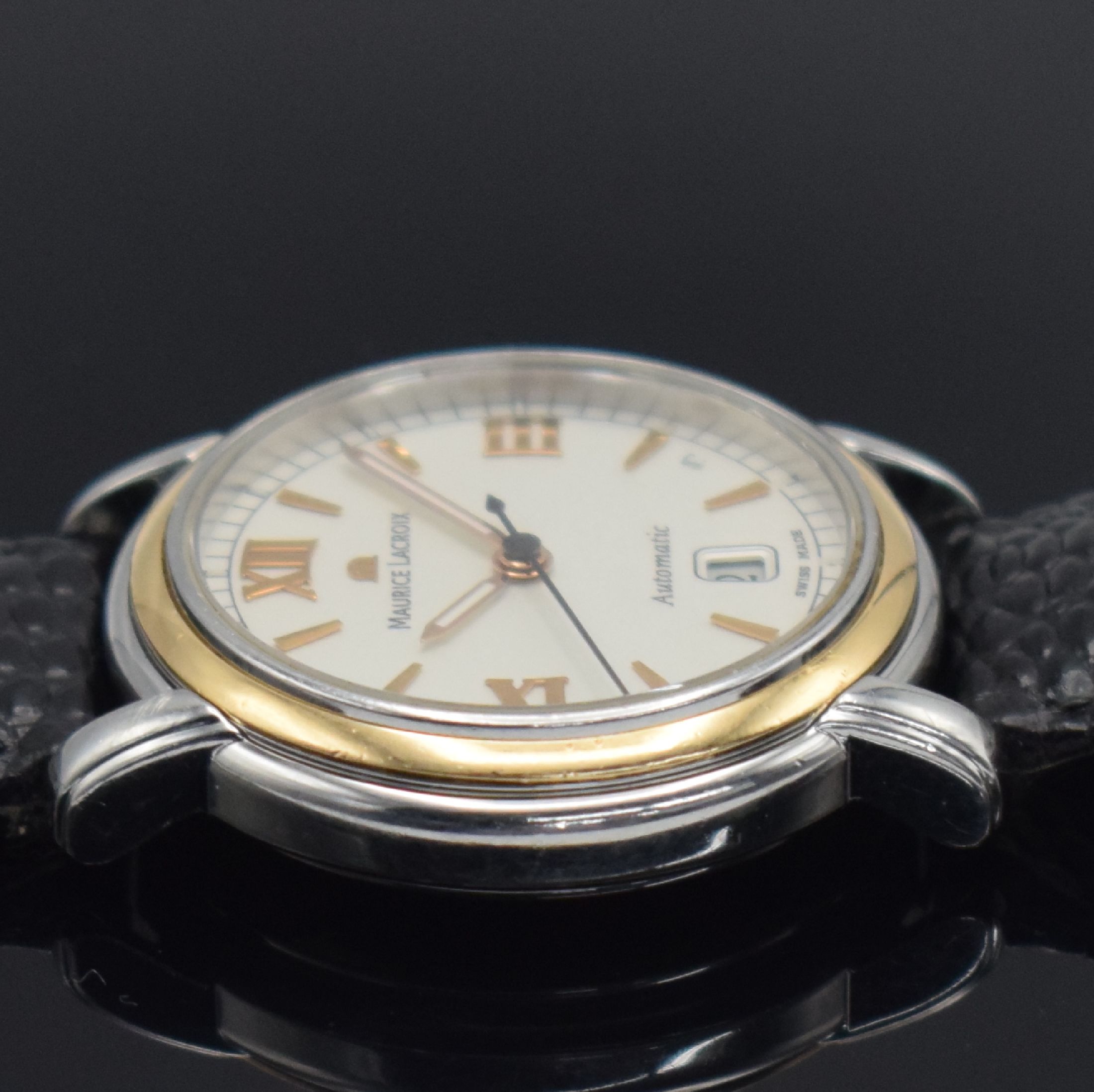 Detail d: MAURICE LACROIX Pontos Damenarmbanduhr 30 mm in Edelstahl & RG 750/000, Schweiz um 2008, Automatik, Ref. PT6014, 2-teil. Gehäuse, Boden m. Widmung ...