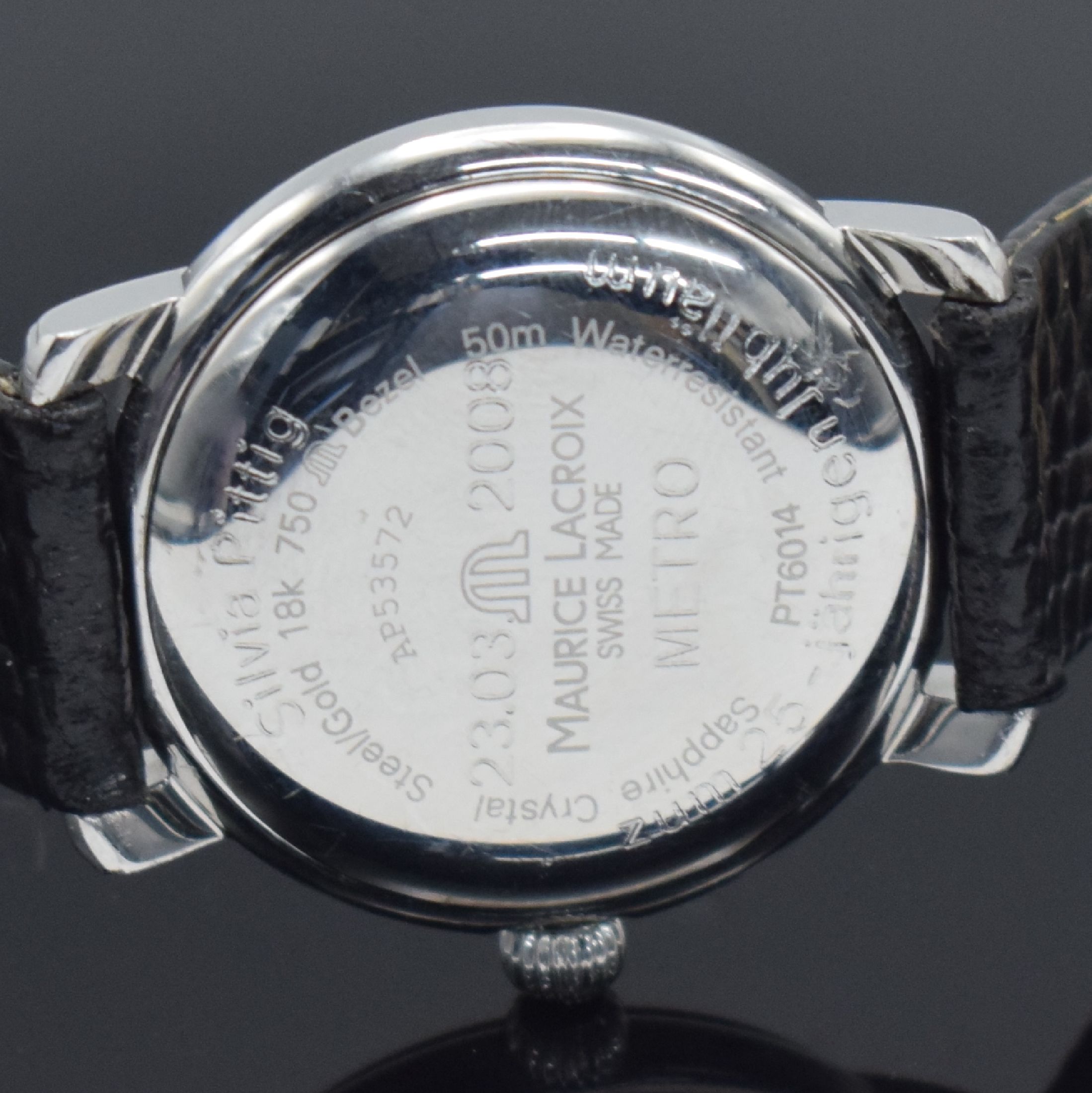 Detail e: MAURICE LACROIX Pontos Damenarmbanduhr 30 mm in Edelstahl & RG 750/000, Schweiz um 2008, Automatik, Ref. PT6014, 2-teil. Gehäuse, Boden m. Widmung ...