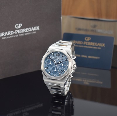Image GIRARD PERREGAUX chronograph Laureato reference 81020-11-431-11A, self winding, stainless steel case including bracelet with butterfly buckle, case back 6-times screwed, screwed down winding crown, blue dial with Clous de Paris decoration, display of hours, minutes, constant second, date & chronograph, diameter approx. 42 mm, length approx. 19,5 cm, original box & papers, condition 2