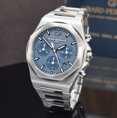 26487877a - GIRARD PERREGAUX chronograph Laureato reference 81020-11-431-11A, self winding, stainless steel case including bracelet with butterfly buckle, case back 6-times screwed, screwed down winding crown, blue dial with Clous de Paris decoration, display of hours, minutes, constant second, date & chronograph, diameter approx. 42 mm, length approx. 19,5 cm, original box & papers, condition 2