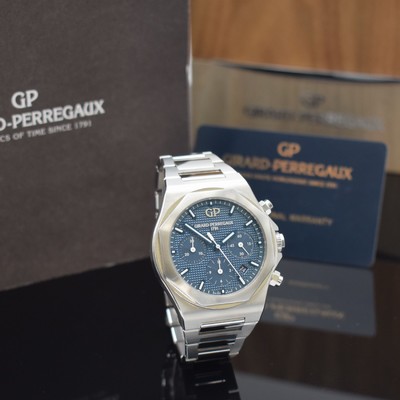 26487877b - GIRARD PERREGAUX chronograph Laureato reference 81020-11-431-11A, self winding, stainless steel case including bracelet with butterfly buckle, case back 6-times screwed, screwed down winding crown, blue dial with Clous de Paris decoration, display of hours, minutes, constant second, date & chronograph, diameter approx. 42 mm, length approx. 19,5 cm, original box & papers, condition 2