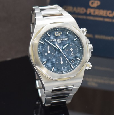 26487877c - GIRARD PERREGAUX chronograph Laureato reference 81020-11-431-11A, self winding, stainless steel case including bracelet with butterfly buckle, case back 6-times screwed, screwed down winding crown, blue dial with Clous de Paris decoration, display of hours, minutes, constant second, date & chronograph, diameter approx. 42 mm, length approx. 19,5 cm, original box & papers, condition 2