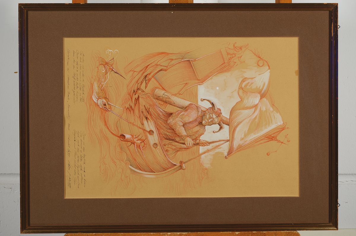 Detail k: Werner Holz, 1949-1991, zwei Pastell- bzw. Rötelzeichnungen aus dem Zyklus Narrentreiben, beide handsigniert und dat. 72, je ca. 66x50cm