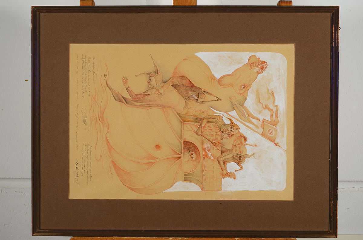 Detail l: Werner Holz, 1949-1991, zwei Pastell- bzw. Rötelzeichnungen aus dem Zyklus Narrentreiben, beide handsigniert und dat. 72, je ca. 66x50cm
