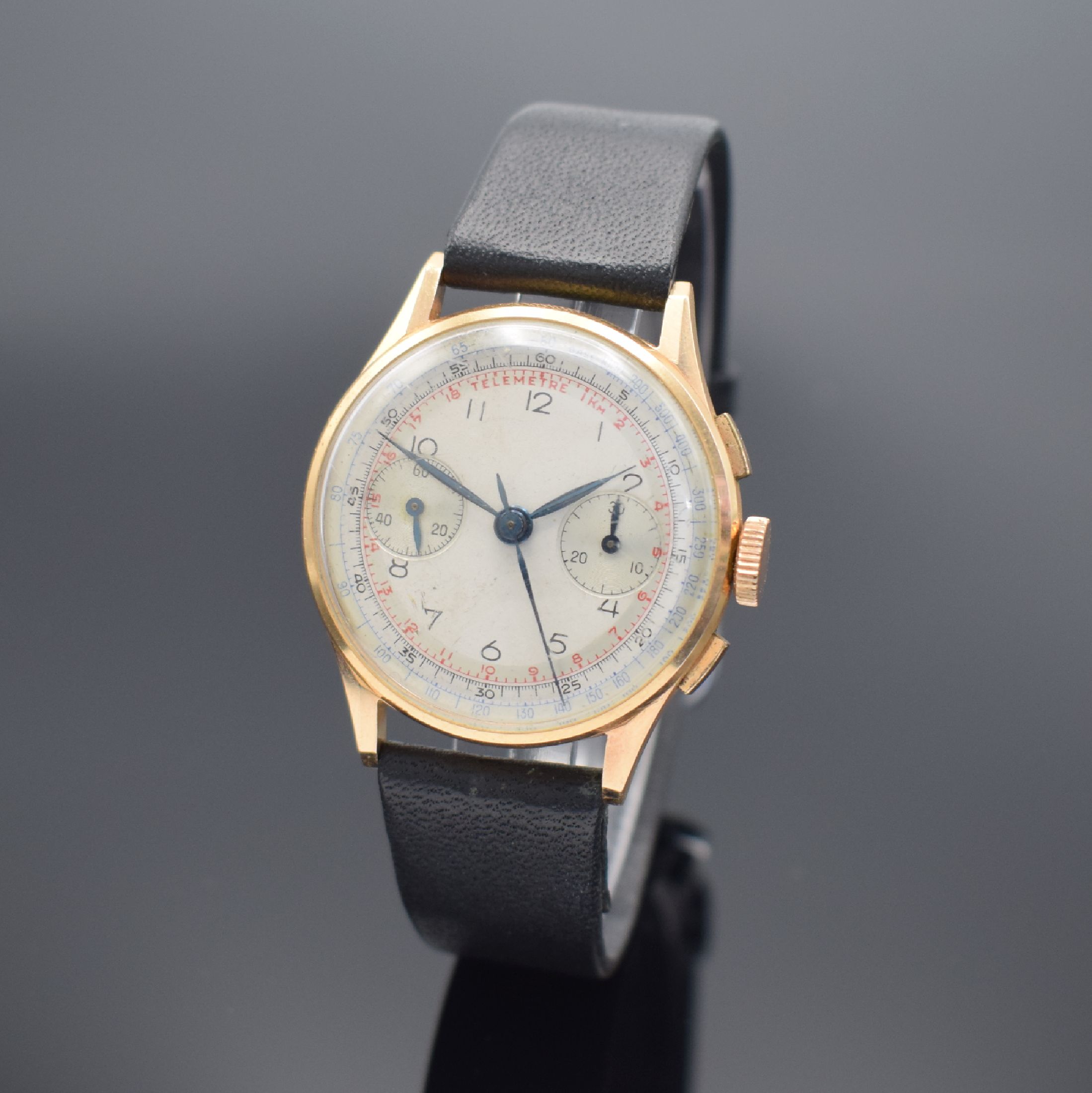 Herrenchronograph in RG 750/000 Kaliber Landeron, Schweiz um 1945, Handaufzug, Geh. dell., Boden aufgedr., schönes originales silb. Duoton-Zifferbl. ...