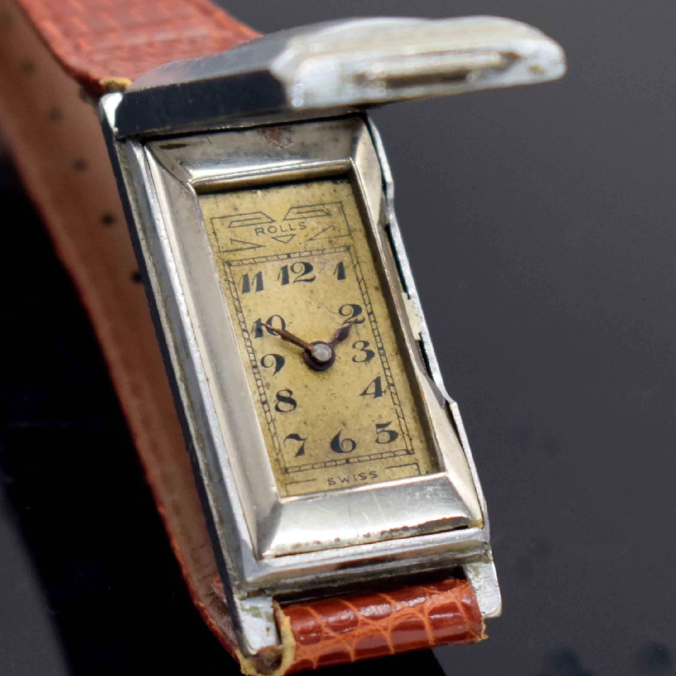 Detail b: ROLLS ATO seltene Armbanduhr mit früher Rüttelautomatik, Schweiz um 1930, verchr. Scharniergeh., sign. orig. Zifferbl. m. email. arab. Zahlen, ...