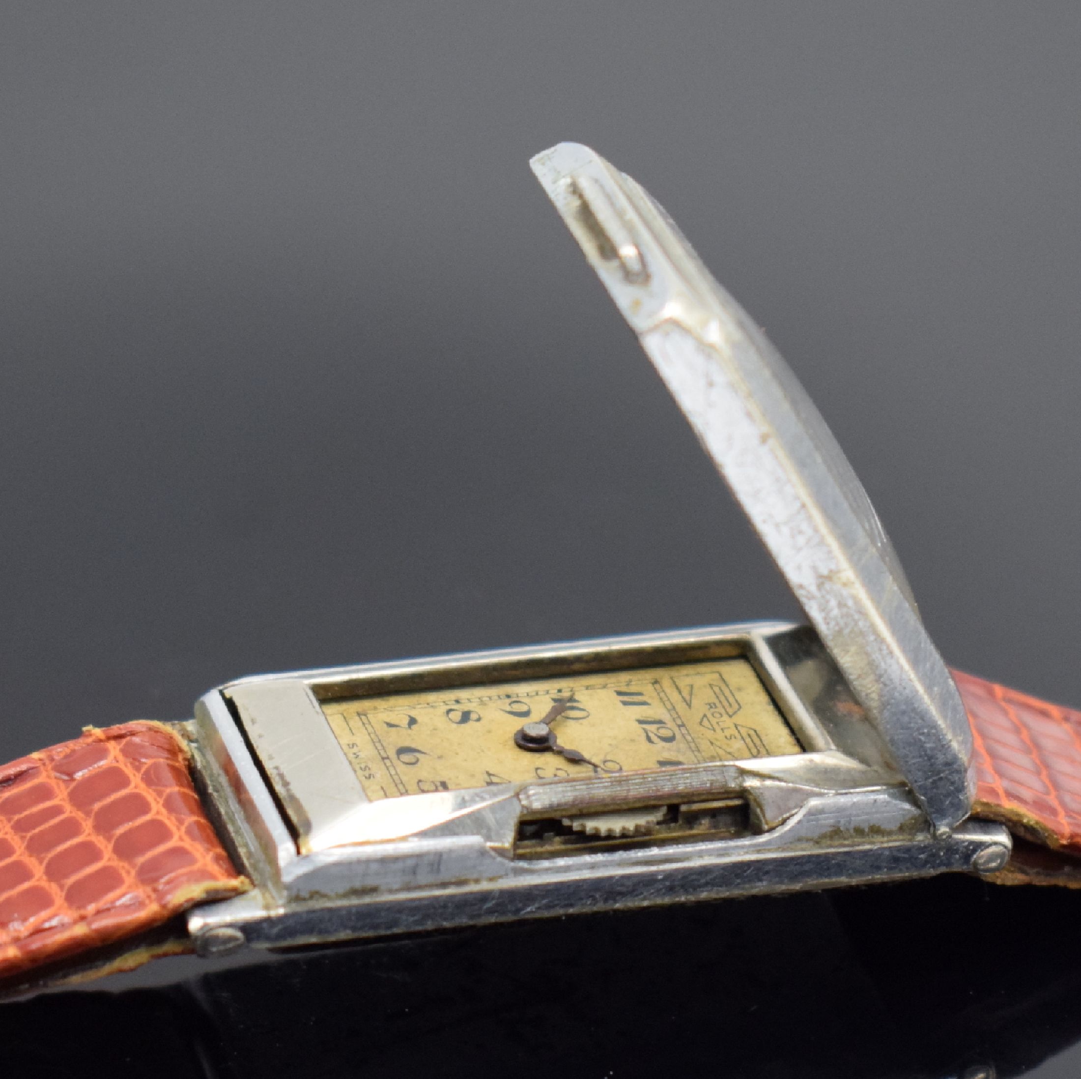 Detail d: ROLLS ATO seltene Armbanduhr mit früher Rüttelautomatik, Schweiz um 1930, verchr. Scharniergeh., sign. orig. Zifferbl. m. email. arab. Zahlen, ...