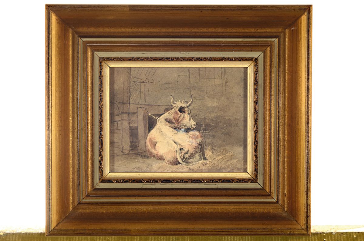 Detail k: Zuschreibung: Friedrich Salathé, 1793 Binningen bei Basel-1858 Paris, 2 Skizzen, 1x liegende Kuh im Stall, Aquarell auf Papier, ca. 9.5x13cm; 1x ...