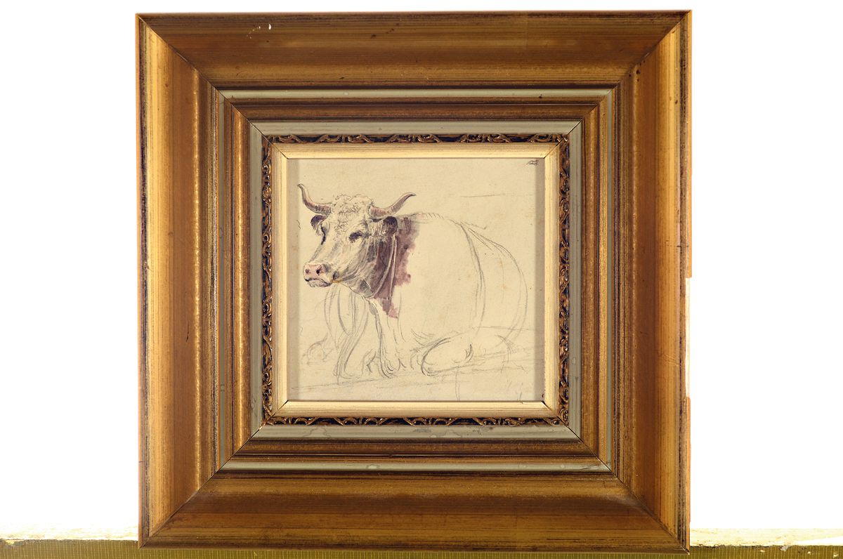 Detail l: Zuschreibung: Friedrich Salathé, 1793 Binningen bei Basel-1858 Paris, 2 Skizzen, 1x liegende Kuh im Stall, Aquarell auf Papier, ca. 9.5x13cm; 1x ...