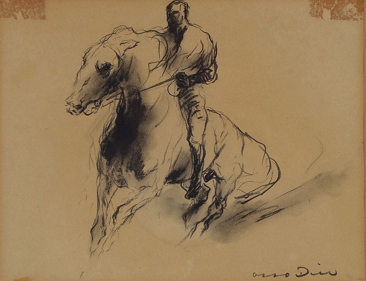 Otto Dill, 1884 Neustadt a.d.Weinstraße-1957 Bad Dürkheim, 2 Arbeiten: 1x Pferd und Reiter, Kohlezeichnung auf gebräuntem Papier, rechts unten ...