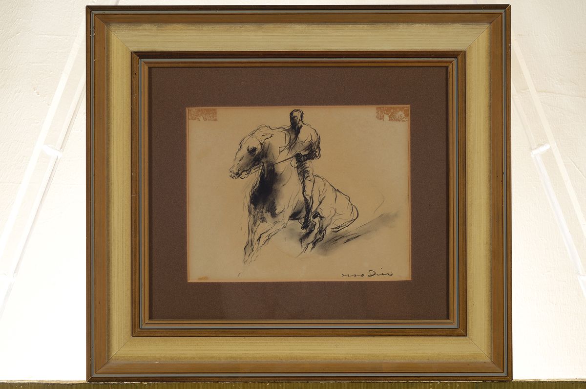 Detail k: Otto Dill, 1884 Neustadt a.d.Weinstraße-1957 Bad Dürkheim, 2 Arbeiten: 1x Pferd und Reiter, Kohlezeichnung auf gebräuntem Papier, rechts unten ...