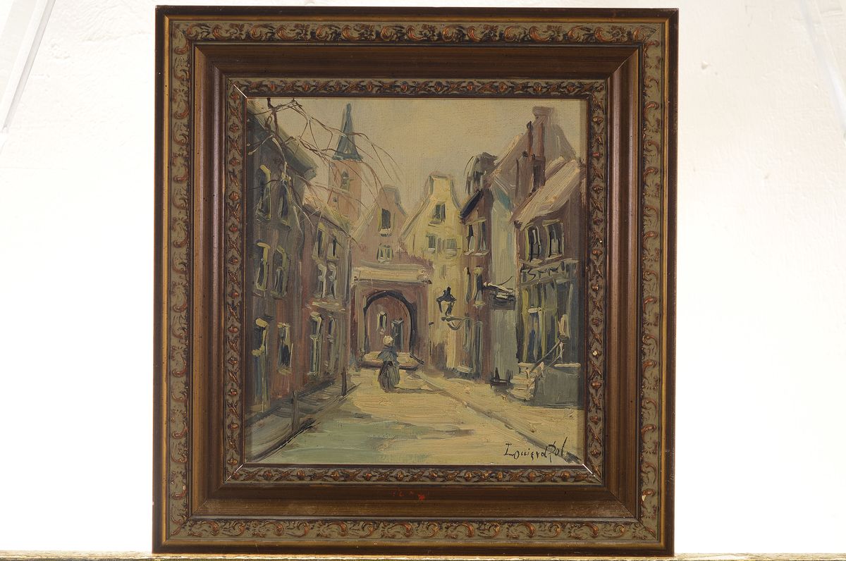 Detail k: Louis van der Pol, 1915 Amsterdam-1986 Abcoude, Stadtansicht, Öl/Holz, rechts unten signiert, ca. 22x20.5cm, R. ca. 32x30cm