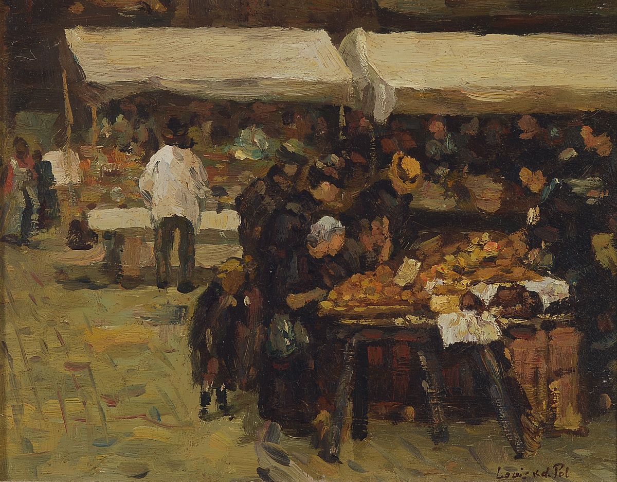 Louis van der Pol, 1915 Amsterdam-1986 Abcoude, Auf dem Markt, Öl/Holz, rechts unten signiert, ca. 20x25cm, R. ca. 31x36cm