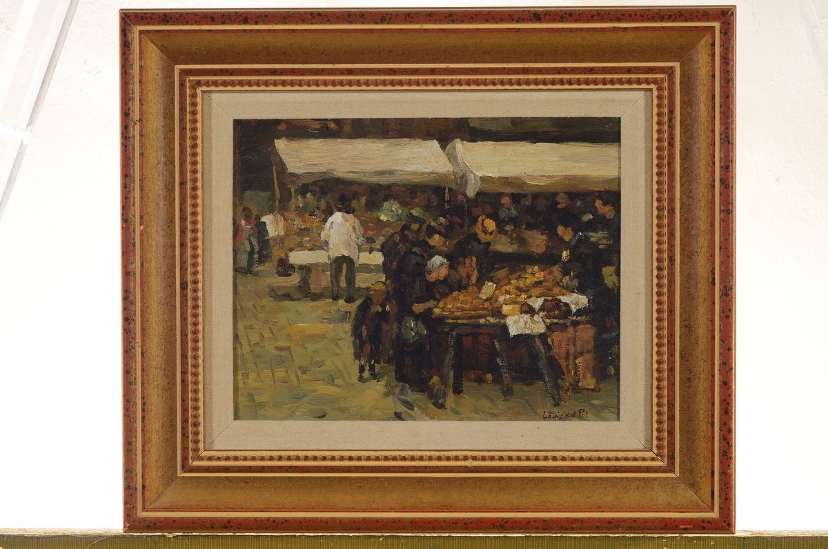 Detail k: Louis van der Pol, 1915 Amsterdam-1986 Abcoude, Auf dem Markt, Öl/Holz, rechts unten signiert, ca. 20x25cm, R. ca. 31x36cm