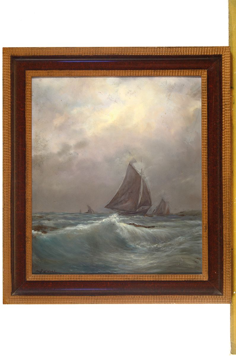 Detail k: Prof. W. Mehl, Maler des 20. Jh., Segelboote bei Nacht auf bewegter See, Öl/ Malkarton, links unten signiert, ca. 45x39 cm, R. ca. 55x48cm