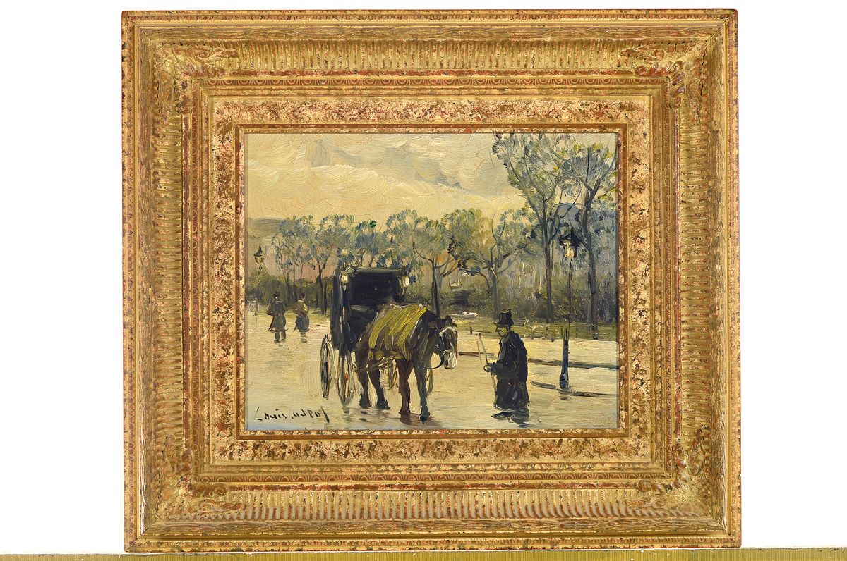 Detail k: Louis van der Pol, 1915 Amsterdam-1986 Abcoude, Winter in der Stadt, Kutsche und Kutscher in einer Allee, Öl/Lwd, links unten signiert, ca. 24x30cm, ...