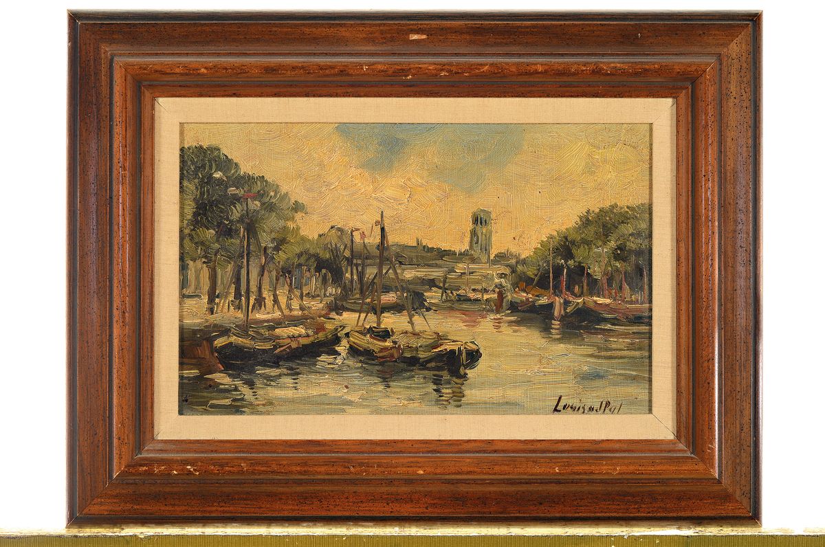 Detail k: Louis van der Pol, 1915 Amsterdam-1986 Abcoude, Hafenansicht, Öl/Holz, rechts unten signiert, ca. 19x31cm, R. ca. 33x44cm
