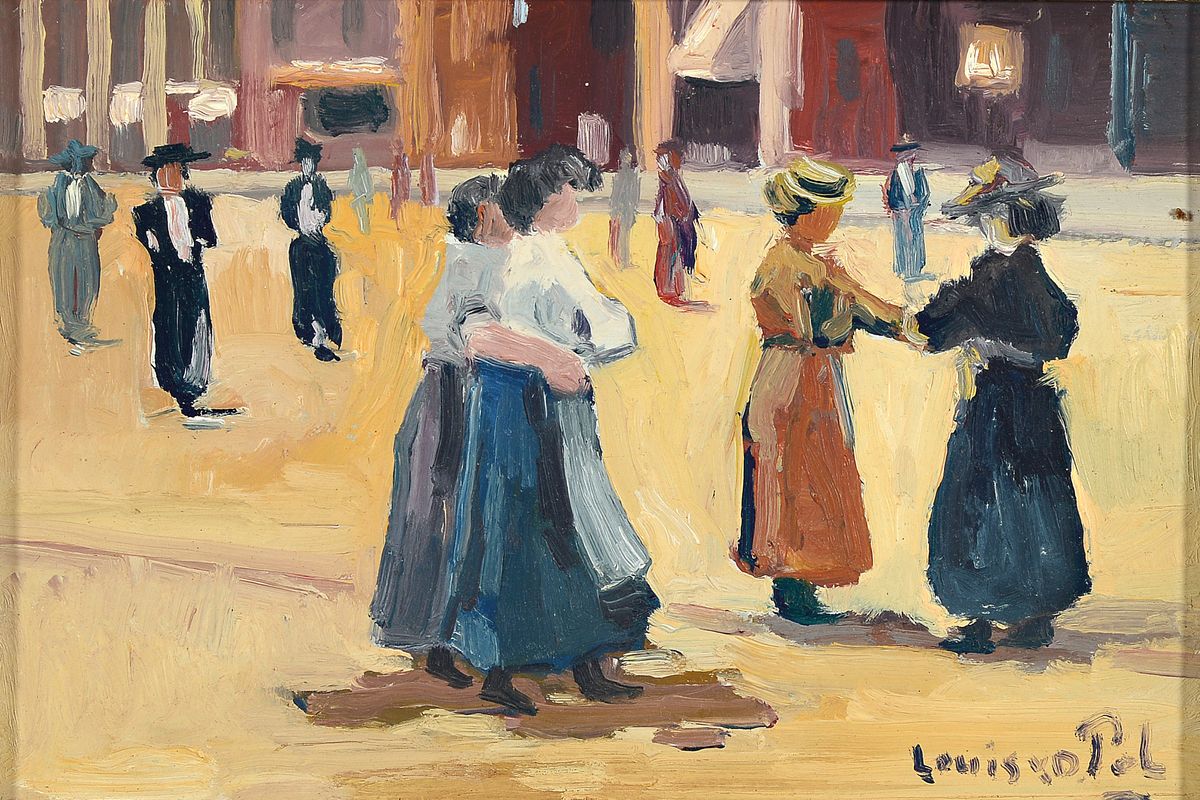 Louis van der Pol, 1915 Amsterdam-1986 Abcoude, Personen auf der Straße, Öl/Holz, rechts unten signiert, ca. 17x27cm, R. ca. 30x38cm