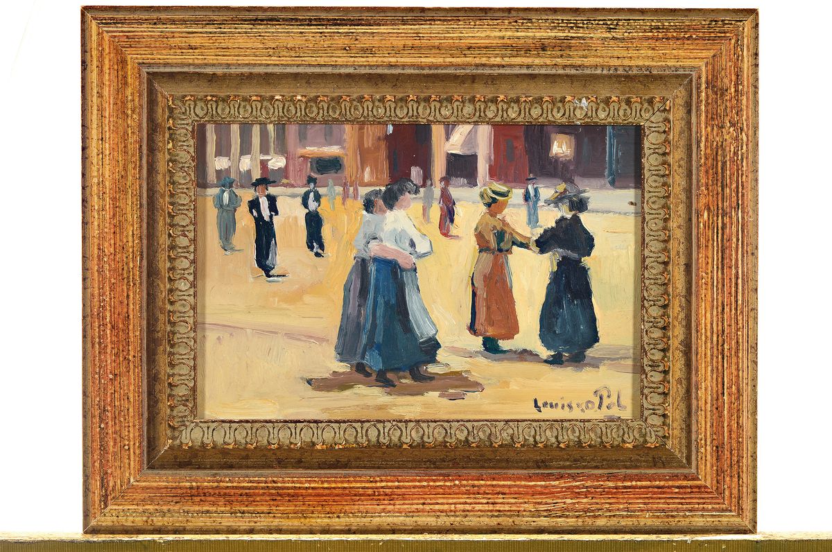 Detail k: Louis van der Pol, 1915 Amsterdam-1986 Abcoude, Personen auf der Straße, Öl/Holz, rechts unten signiert, ca. 17x27cm, R. ca. 30x38cm